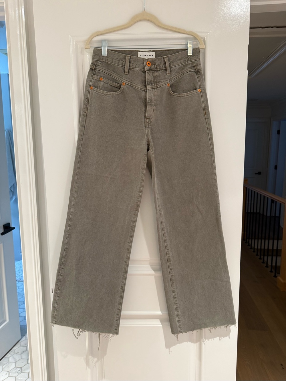 SLVRLAKE Olive Gray High-Rise Wide Leg Jeans with Orange Hardware
